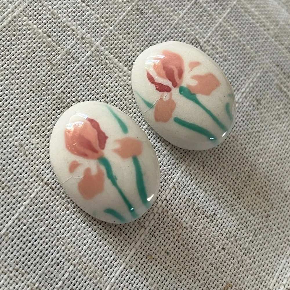 Iris ceramic oval clip on Earrings on Porcelain flower earrings..